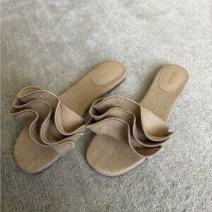Larroude Beige Ruffle Slide Sandals